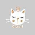 Cute princess cat vector illustration. Girly kittens. Fashion Cat`s face Royalty Free Stock Photo