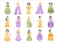 Cute princess character. Cartoon fairy tale medieval girls with different hair style and dress up costume, fantasy Royalty Free Stock Photo