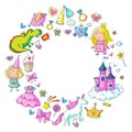 Cute princess Icons set with unicorn, dragon Girl wallpaper Royalty Free Stock Photo
