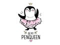 Cute princess penguin girl dancing in ballerina tutu dress. Baby animals character in doodle, sketch style. Nursery