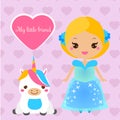 Cute princess with pet. Girl in blue dress and unicorn. Vector illustration in kawaii style