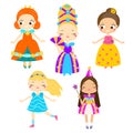 Cute princess set. Girls in queen dresses. Vector collection of cartoon fairy tales characters