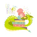 Cute princess sitting on pile of books and hugging the dragon Royalty Free Stock Photo