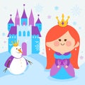 Cute princess in a winter landscape with a castle and a snowman. Vector Illustration