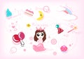 Cute princess story collection set, celebration, party and holiday pink pastel fantasy cartoon concept abstract background vector