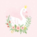 Cute princess swan in crown with flowers on pink background.