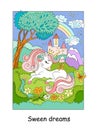 Cute princess unicorn dreams in a flower meadow vector illustration Royalty Free Stock Photo