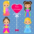 Cute princesses in colorful dresses in kawaii style. Girls in queen costumes. Vector collection of cartoon female characters Royalty Free Stock Photo