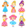 Cute princesses set. Girls in queen dresses. Vector collection of cartoon female characters Royalty Free Stock Photo