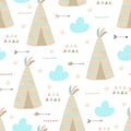 Cute print Boho style. Seamless pattern with cute wigwam. vector illustration. Vector print with wigwam