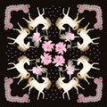 Cute print for square shawl with mythical unicorns and girl - elf with big pink cosmos flower on black background.