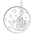 Cute printable coloring page for kids with cartoon scared earthworm character sitting on a fishing hook under the water