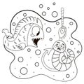 Cute printable coloring page for kids with scared earthworm character sitting on a fishing hook and fish trying to eat Royalty Free Stock Photo