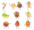 Cute protein nuts. Happy nut cartoon character bean, funny peanut seed, mascot almond vegan food caractere, pistachio