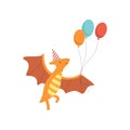 Cute Pteranodon Dinosaur in Party Hat Flying ith Balloons, Funny Colorful Dino Character, Happy Birthday Party Design Royalty Free Stock Photo