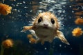 Cute puffer blowfish swimming in deep ocean