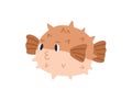Cute pufferfish or globefish with thorns. Japanese round pfuffer fish or blowfish. Childish colored flat cartoon vector Royalty Free Stock Photo