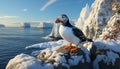 A cute puffin perching on a cliff, overlooking the icy sea generated by AI