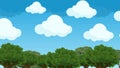 Cute and Puffy Cartoon Clouds Hovering in a Blue Sky Above the Trees