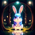 Cute puffy white bunny in the magical place