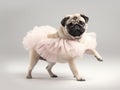 A cute pug ballet dancer in ballet costume - Studio Dog full body portrait, White backdrop