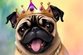 Cute pug with crowns on heads smiling on bright multicolored background. Portrait of happy dogs with royal accessories