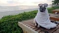 Cute Pug Dog Dries on a Beach After Swimming Wrap with a Towel