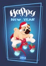 Cute Pug Dog Holding Decorated Bone Symbol Of New Year 2018 Greeting Card