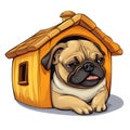 Cute Pug In Dog House Watercolor Clipart Illustration AI Generative