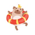 Cute Pug Dog with Lifebuoy, Funny Friendly Animal Pet Character Relaxing Vector Illustration