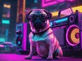 cute pug dog listening music with boombox cartoon, cyberpunk - generated by ai Royalty Free Stock Photo