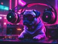 cute pug dog listening music with boombox cartoon, cyberpunk - generated by ai Royalty Free Stock Photo