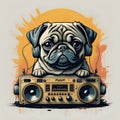 cute pug dog listening music with boombox cartoon - generated by ai Royalty Free Stock Photo