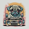 cute pug dog listening music with boombox cartoon - generated by ai Royalty Free Stock Photo