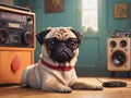 cute pug dog listening music with boombox cartoon-generated by ai Royalty Free Stock Photo