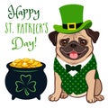 Cute pug dog in St. Patrick`s Day leprechaun costume: green top hat, vest and bow tie, pot of gold filled with coins, with Royalty Free Stock Photo