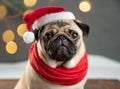 A cute pug dog wearing a Santa hat and scarf. Royalty Free Stock Photo