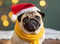 A cute pug dog wearing a Santa hat and scarf. Royalty Free Stock Photo