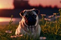 Cute pug on green lawn with daisies at sunset. Sweet wrinkled dog on walk on green grass with wild flowers, chamomiles Royalty Free Stock Photo