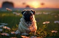 Cute pug on green lawn with daisies at sunset. Sweet wrinkled dog on walk on green grass with wild flowers, chamomiles Royalty Free Stock Photo