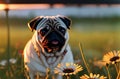 Cute pug on green lawn with daisies at sunset. Sweet wrinkled dog on walk on green grass with wild flowers, chamomiles Royalty Free Stock Photo