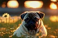 Cute pug on green lawn with daisies at sunset. Sweet wrinkled dog on walk on green grass with wild flowers, chamomiles Royalty Free Stock Photo