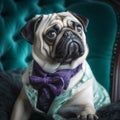 cute pug on green sofa generative AI Royalty Free Stock Photo