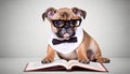 Cute PUG puppy with book about bedtime stories