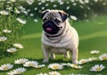 Cute pug puppy on green lawn with daisies. Sweet dog on green grass with wild flowers, chamomiles. Generative AI.