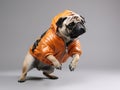 Cute pug wearing a black and orange winter jacket, trying to jump, Dog Studio Portrait, gray Background , gray backdrop