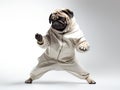 Cute pug dancing wearing cream color full suit, Pet Fashion , hip hop style, Dog Studio portrait, White Background