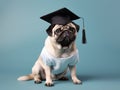 Graduated pug dog , pug graduated studio Photo, Light Blue Studio background