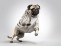 Cute pug wearing a light gray color jacket, white t shirt trying to jump, Dog Studio Portrait, White Background , white backdrop