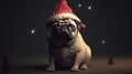 A cute pug wearing a Santa hat and sitting next to a Chri three generative AI Royalty Free Stock Photo